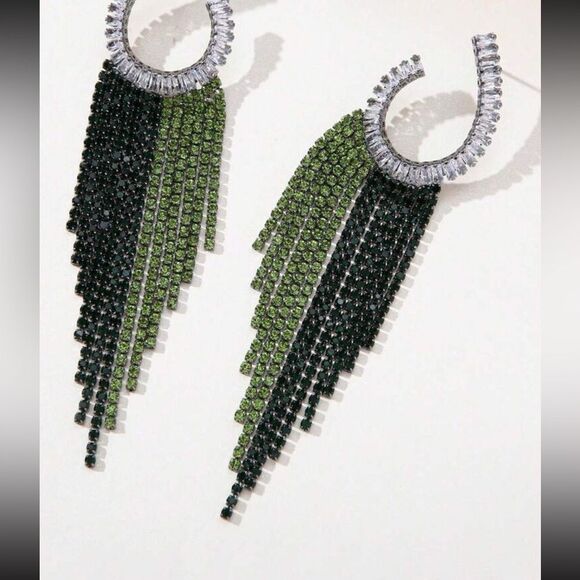 Glam Green & Black Crystal Fringe Earrings — Luxe Statement Jewelry - Picture 3 of 11